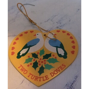Two Turtle Doves Vintage Yellow Metal Heart Ornament